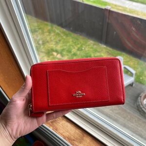 Coach Red Leather Long Zip Wallet with Gold Logo
